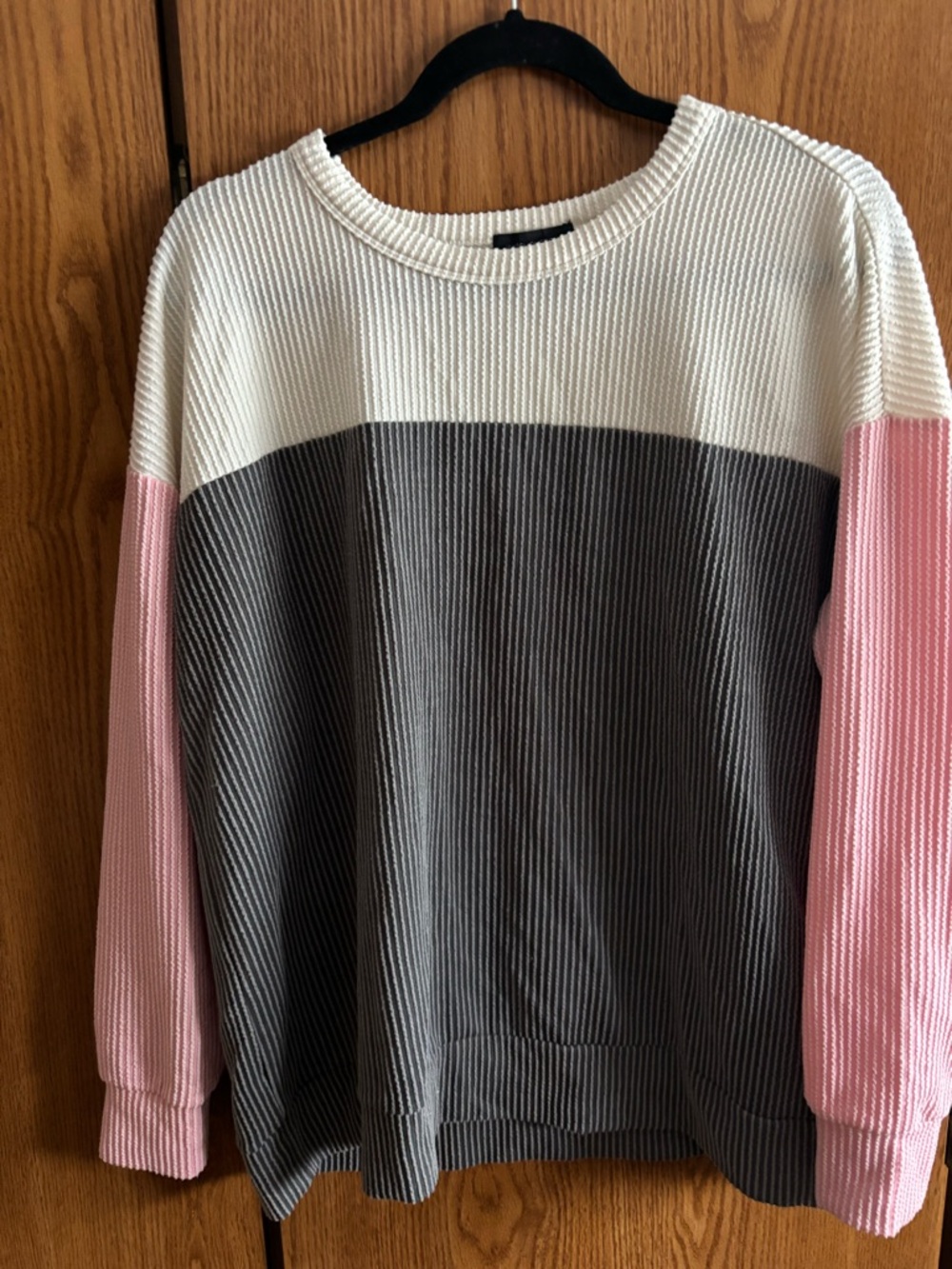 Colorblock Waffle Knit Pullover - Cream, Gray & Pink